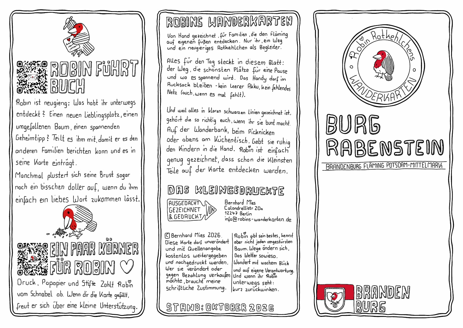 Faltblatt-Seite mit Robin-Logo, Kurzbeschreibung und Impressum